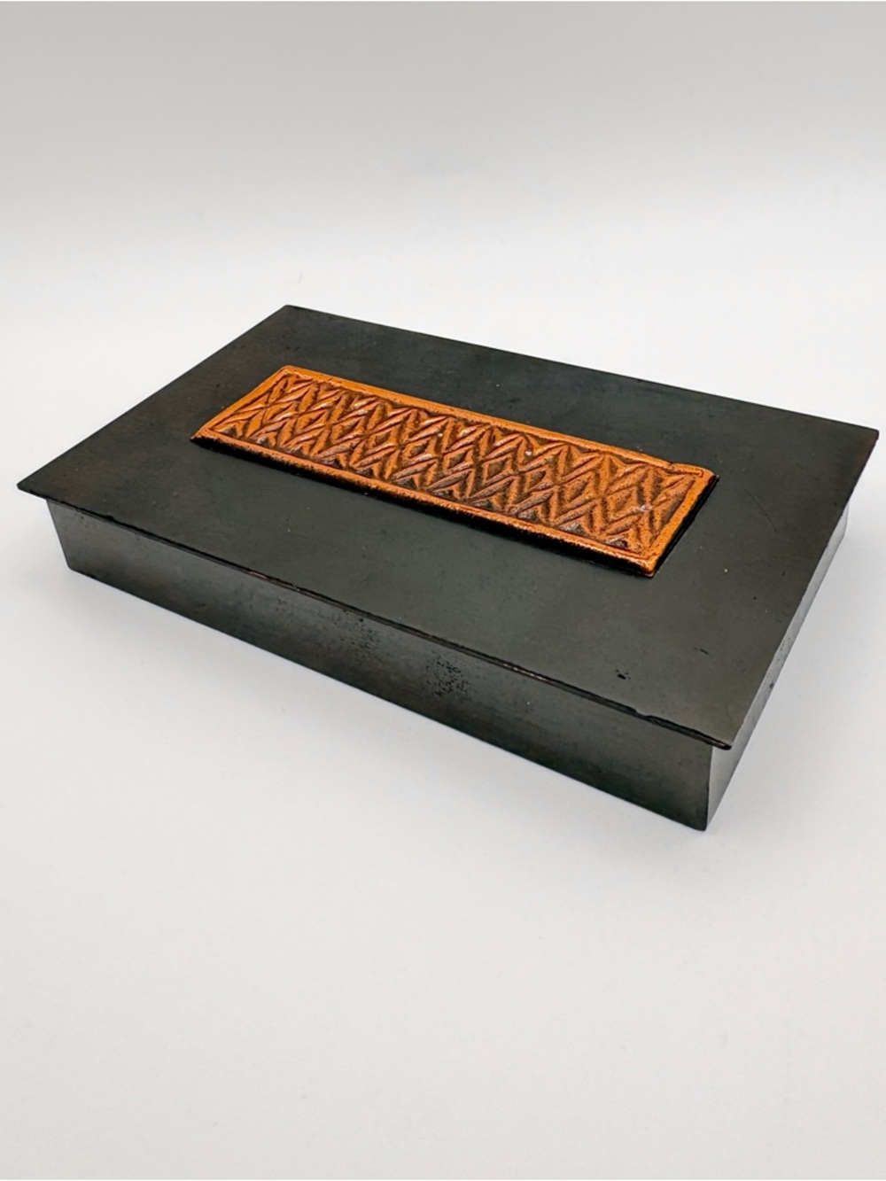 Vintage Brutalist Trinket Box MCM Metal Copper Relief Wood Hinged